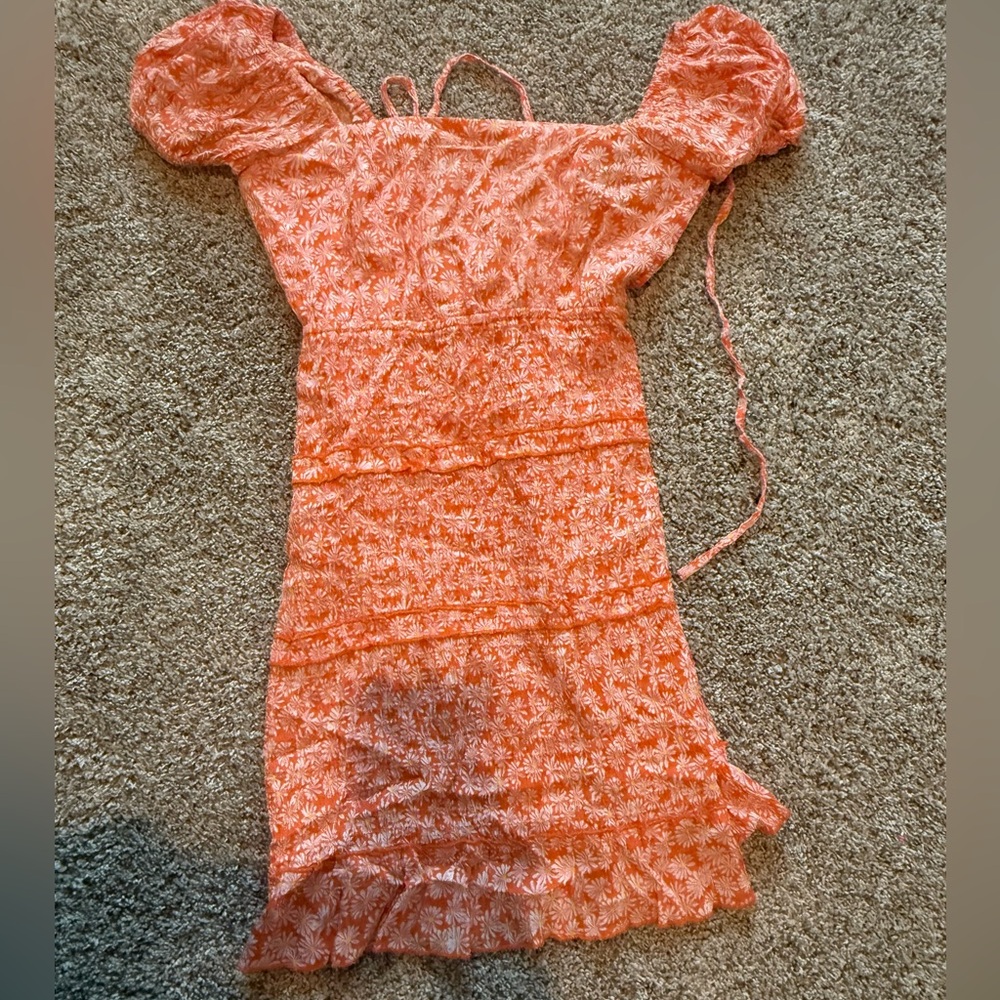 Orange Floral Puff Sleeve Summer Dress